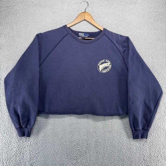 Vintage Ralph Lauren Sweatshirt Adult XL Blue Catch Release Fishing Crop Chopped - Picture 1 of 13